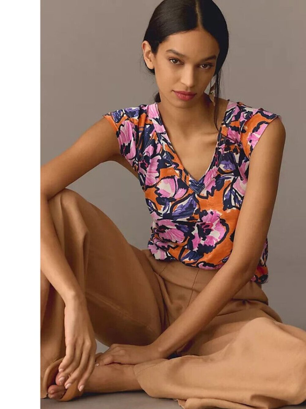 Maeve by Anthropologie Catie Ruffle-Sleeve | M Top | Floral Pink Orange Purple